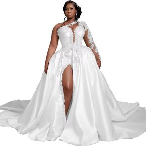 One Shoulder Satin Wedding Dresses Long Sleeve Mermaid Crystals Beaded Bridal Wedding Gowns with Slit