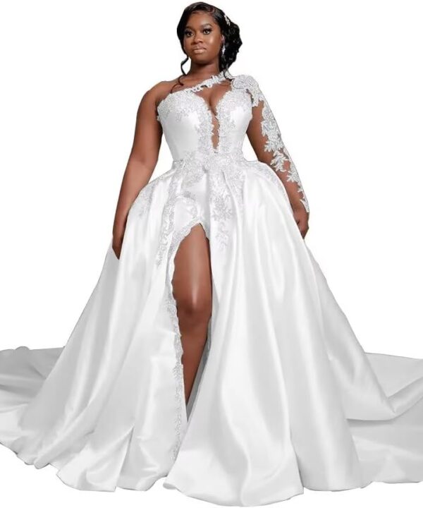 One Shoulder Satin Wedding Dresses Long Sleeve Mermaid Crystals Beaded Bridal Wedding Gowns with Slit