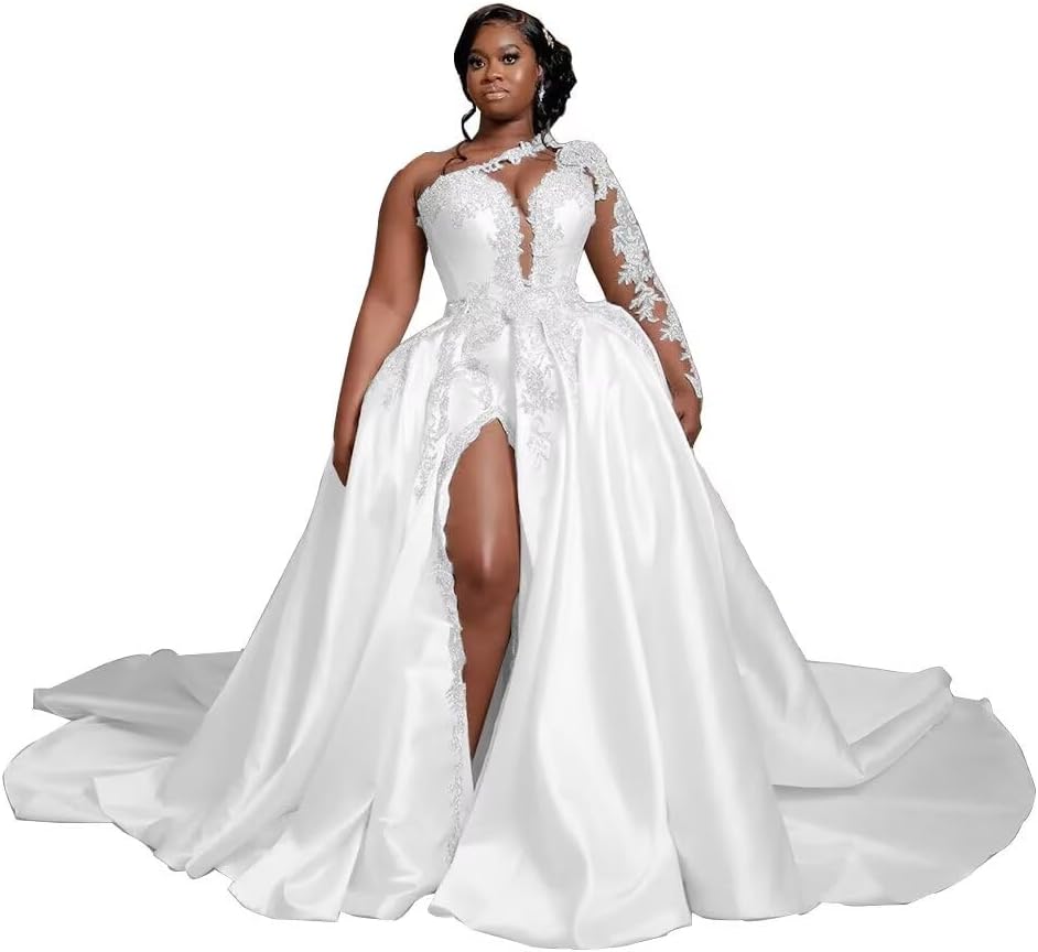 One Shoulder Satin Wedding Dresses Long Sleeve Mermaid Crystals Beaded Bridal Wedding Gowns with Slit