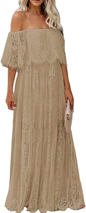HOYISHION Women's Off The Shoulder Floral Lace Maxi Dress White Bridesmaid Wedding Party Maternity Photoshoot Long Dresses