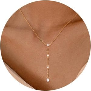 CHESKY Lariat Gold Necklace for Women Trendy, Dainty Long Necklace 14k Gold Plated/Silver Y-Shaped Pendant Necklace Layered CZ Beaded Chain Drop Necklaces Simple Gold Jewelry for Women Gifts