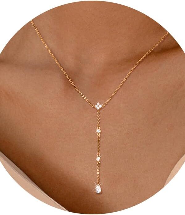 CHESKY Lariat Gold Necklace for Women Trendy, Dainty Long Necklace 14k Gold Plated/Silver Y-Shaped Pendant Necklace Layered CZ Beaded Chain Drop Necklaces Simple Gold Jewelry for Women Gifts