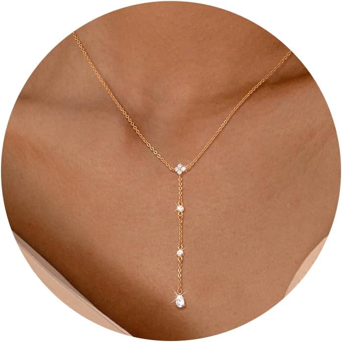 CHESKY Lariat Gold Necklace for Women Trendy, Dainty Long Necklace 14k Gold Plated/Silver Y-Shaped Pendant Necklace Layered CZ Beaded Chain Drop Necklaces Simple Gold Jewelry for Women Gifts