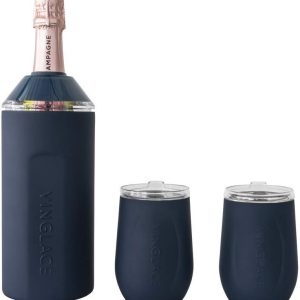Vinglac Wine Bottle Chiller Gift Set- Portable Stainless Steel Wine Cooler with 2 Stemless Wine Glasses, Navy