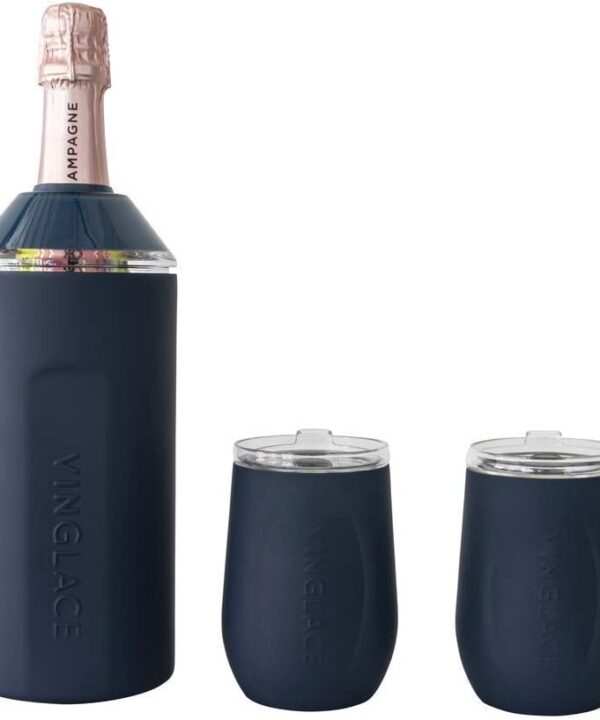 Vinglac Wine Bottle Chiller Gift Set- Portable Stainless Steel Wine Cooler with 2 Stemless Wine Glasses, Navy