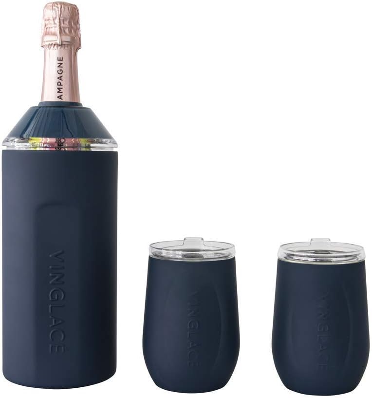 Vinglac Wine Bottle Chiller Gift Set- Portable Stainless Steel Wine Cooler with 2 Stemless Wine Glasses, Navy