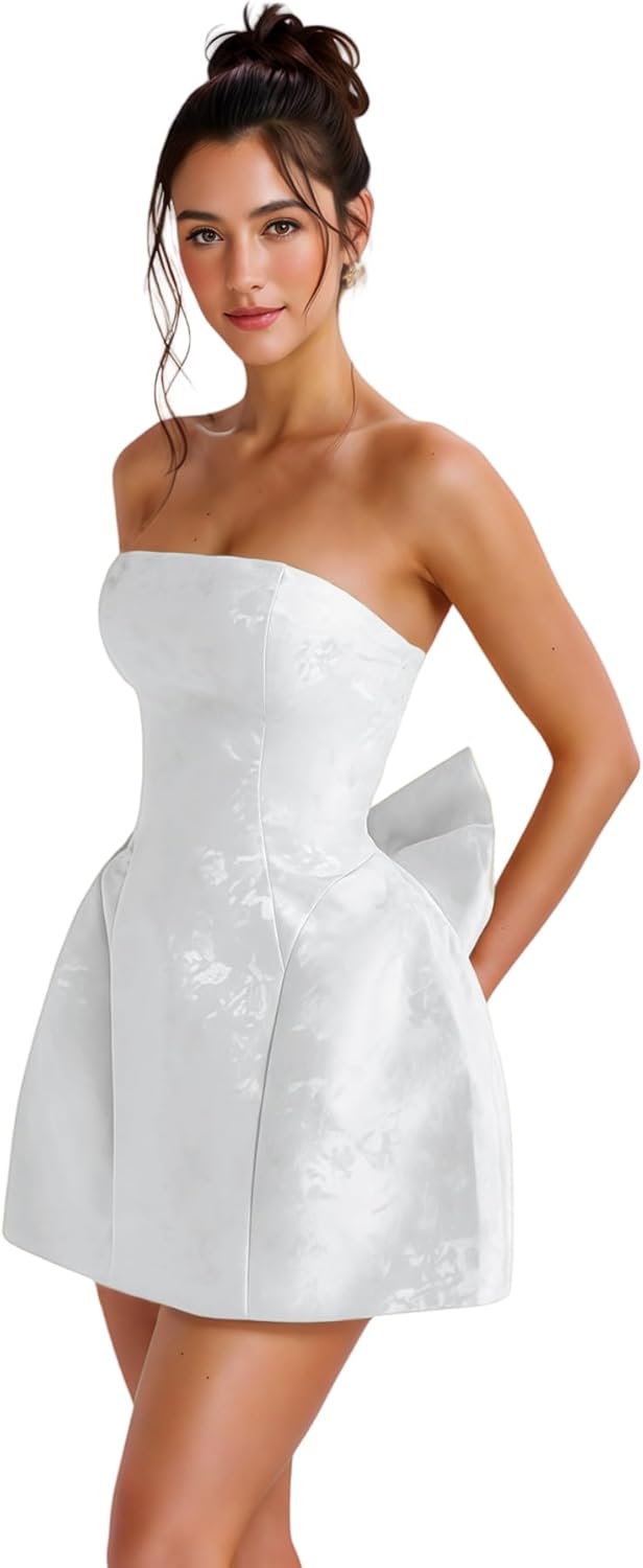ZGMYC Jacquard Satin Homecoming Dress with Bow Elegant Strapless Mini Dress A Line Short Prom Dresses Party Gown