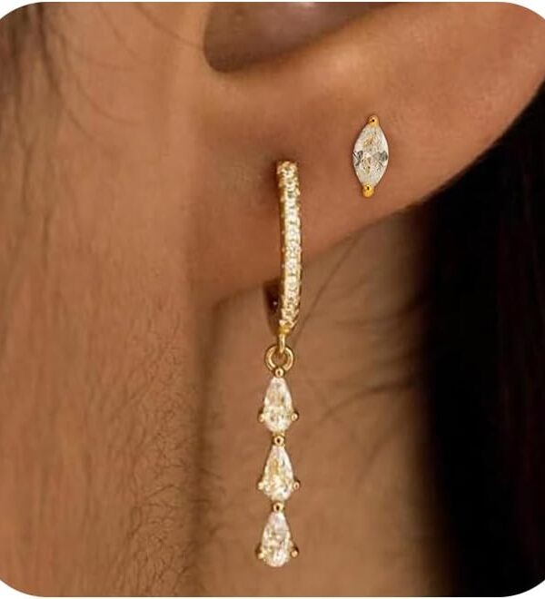 2 Pairs Gold Huggie Hoop Earrings for Women 14k Gold Plated Diamond Stud Earrings Set Drop Dangle Hypoallergenic Cubic Zirconia Flat Back Earring Gold Jewelry for Women Gift