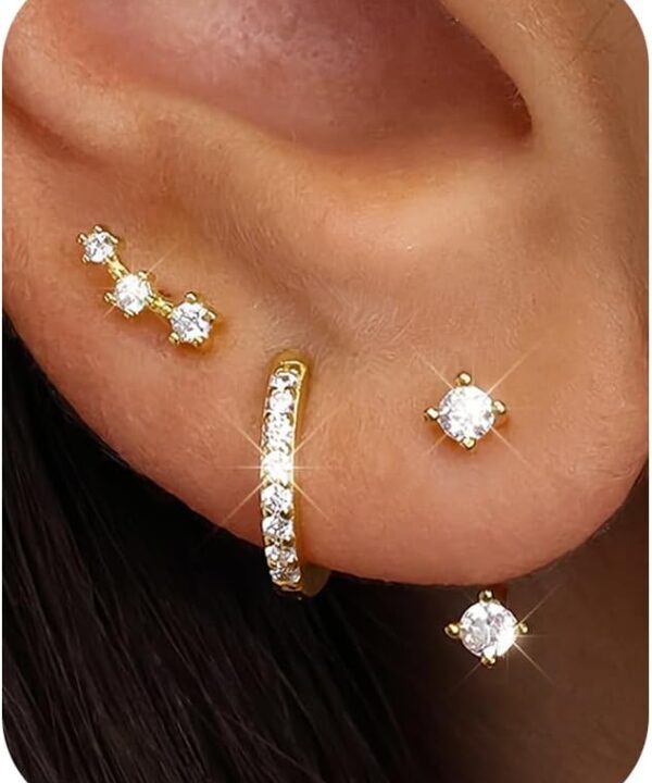 FIASASO 3 Pairs 925 Sterling Silver Hypoallergenic Earrings for Women Trendy - 14K Gold Plated Stud Hoop Cartilage Earrings Set Small Earring Stacks for Sensitive Ears Non Tarnish Dainty Silver Earring
