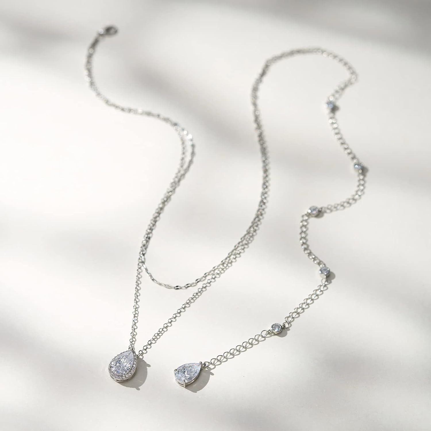 SWEETV Teardrop Wedding Back Necklace for Bride Bridesmaids, Cubic Zirconia Simple Back Pendant Bridal Necklace for Wedding Party