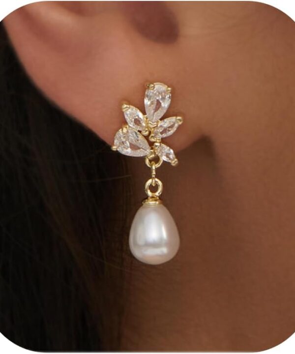 Pearl Earrings: 14k Gold-plated Cubic Zirconia Accented Pearl Drop Dangle Wedding Engagement Earrings For Women Bridal Bridesmaid