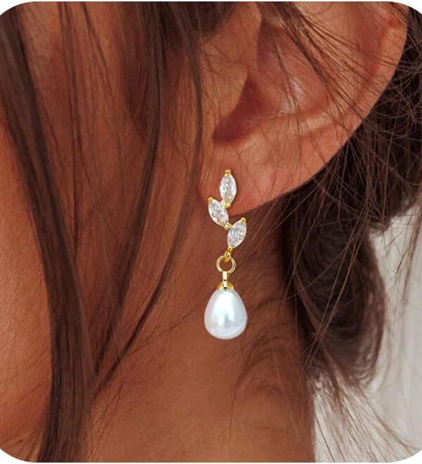 Gold Dangle Earrings for Women, 14k Pearl Drop Earrings Leaf Flower Pearl Gold Earrings for Women Trendy Cute Prom Bridal Earring Dangling Long Pearl Earring Wedding Jewelry Gift