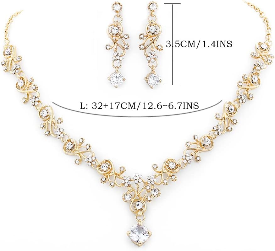 Wedding Necklace Bride Rhinestone Floral Necklace Earring Set Bridal Sets Prom Party Teardrop Dangle Necklace and Earring Drop