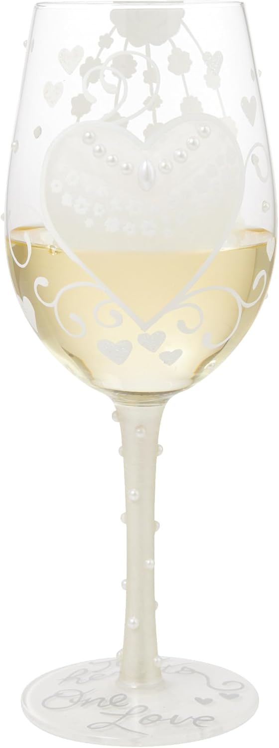 Enesco Lolita Designs Wedding Bride Two Hearts One Love Hand-Painted Artisan Wine Glass, 15 Ounce, Multicolor