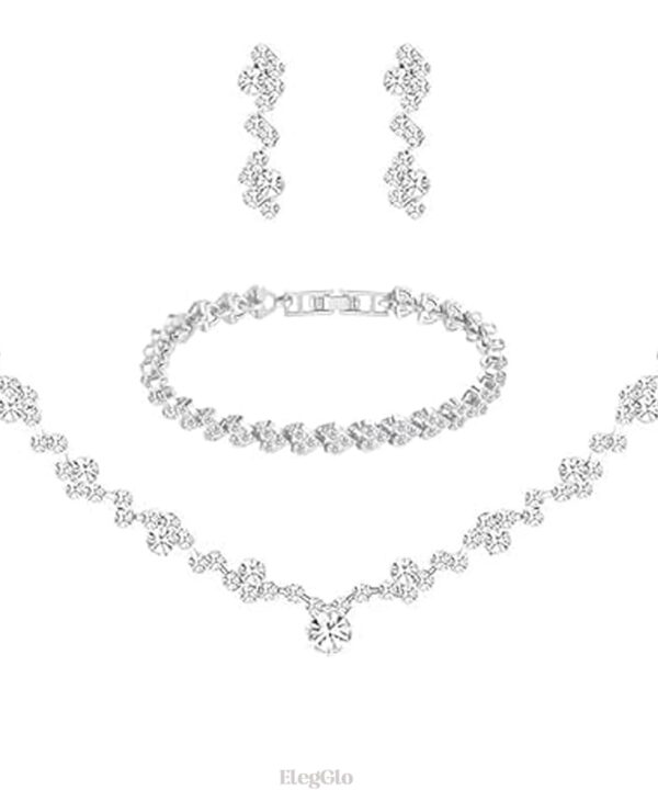 Silver Crystal Bridal Jewelry Set, Teardrop Dangle Earrings Rhinestone Necklace Bracelet for Bride Bridesmaid Crystal Bridal Wedding Party Jewelry Sets