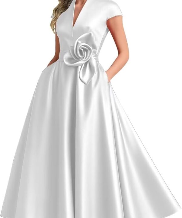 Tea Length Mother of The Bride Dresses for Women Satin 3D Flower Formal Dress Cap Sleeve Christmas Dresses