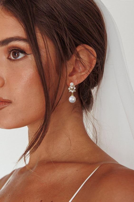 Pearl Drop Dangle Earrings for Women, Pearl Wedding Earrings for Brides Dangling, CZ Bridal Earrings for Wedding Bridesmaids, Prom Jewelry Gifts