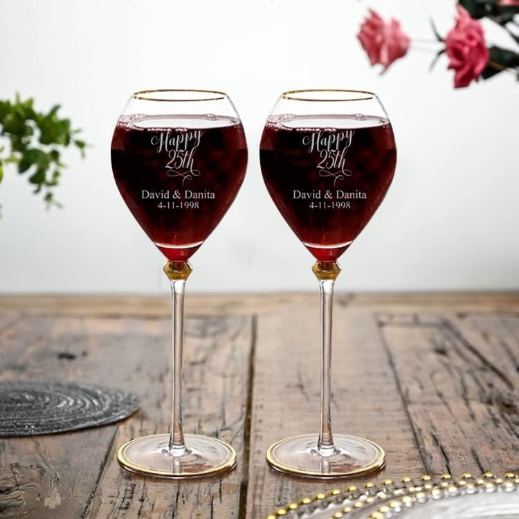 25th Anniversary Couple wine glasses, 20oz Etched Stemless Wine Glasses for Couples, Perfect Engagement Glasses,Bridal shower Gift
