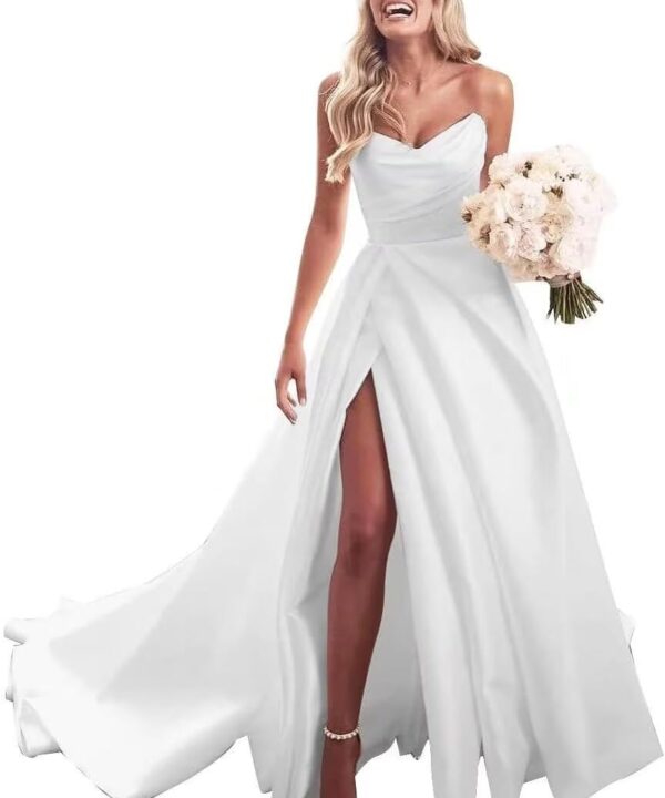 homdor Strapless Prom Dresses Long Ball Gown Satin Wedding Dress for Bride A Line Formal Evening Party Gowns with Slit