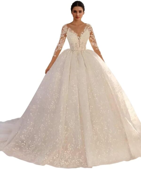 Jamille Women's Lace Beach Wedding Dresses for Bride 2025 Deep V Neck Long Ball Gowns with Train Sleeve High Waist JA0125