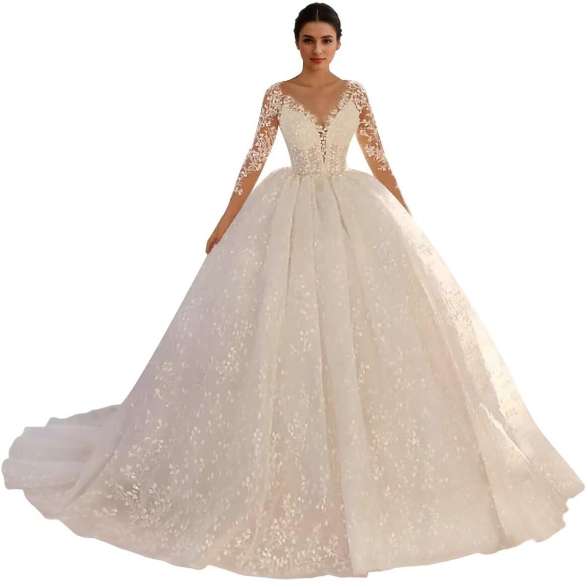 Jamille Women's Lace Beach Wedding Dresses for Bride 2025 Deep V Neck Long Ball Gowns with Train Sleeve High Waist JA0125