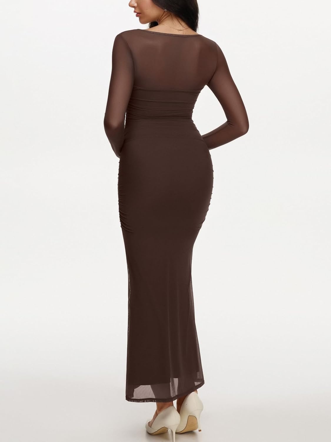 REORIA Long Sleeve Wedding Guest Maxi Dresses for Women Sheer Mesh Square Neck Ruched Bodycon Long Dress 2025 Fall Outfits