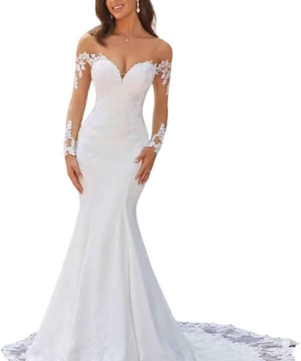 Mermaid Wedding Dresses for Bride Lace Appliques Satin Beach Bride Dress with Sleeve LW02