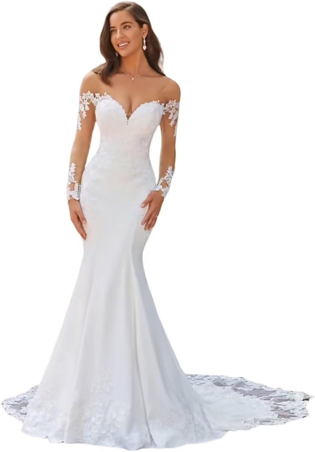 Mermaid Wedding Dresses for Bride Lace Appliques Satin Beach Bride Dress with Sleeve LW02
