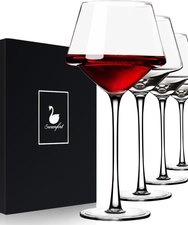 Red Wine Glasses Set of 4, 15oz Elegant Long Stem Wine Glasses in Gift Box, Premium Glassware for Wedding, Anniversary, Birthday Gifts