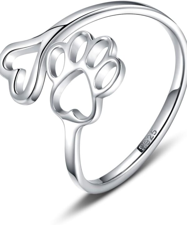 Puppy Lovers Paw Print Heart 925 Sterling Silver Adjustable Ring - Pet Animal Jewelry Creative Pierced Love Dog Cat Claw Ring - Gift for Pet Loving Friends and Families