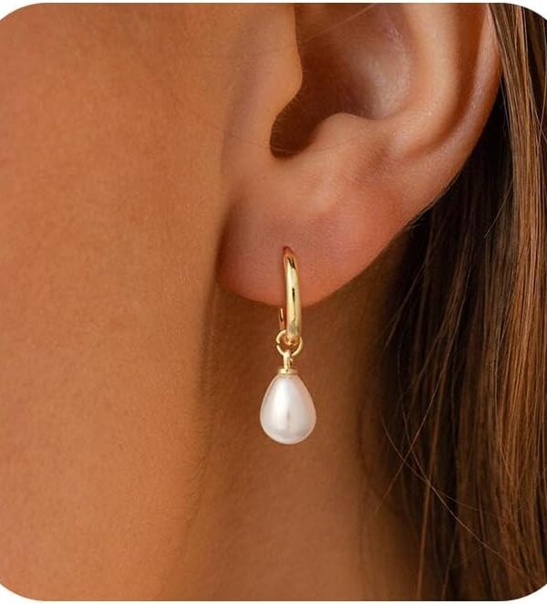 Pearl Earrings for Women Trendy, 14k Gold Plated Freshwater CZ Leaf Pearl Dangle Drop Gold Earrings Lightweight Hypoallergenic Stud Earring Bridesmaid Wedding Gold Jewelry for Women Gifts