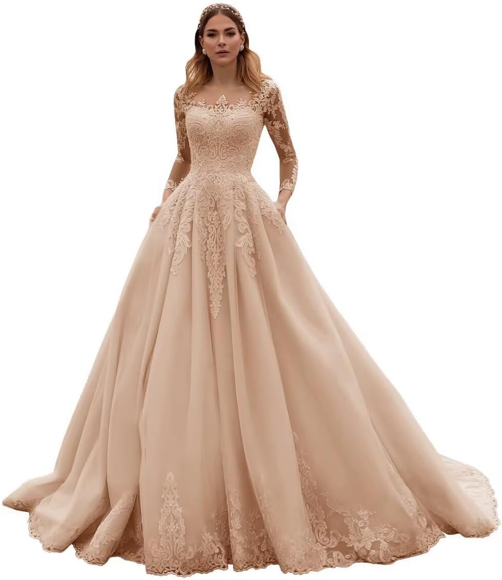 Zeeyecie Lace Long Sleeve Wedding Dresses Tulle A-Line Pleated Floor Length Long Bridal Gowns with Pockets 2025