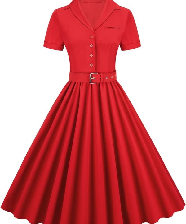 Women Notch Lapel Vintage V-Neck Cocktail Swing Dress 50s 60s Button up 1950s Rockabilly Prom Midi Evening Dress with Pockets