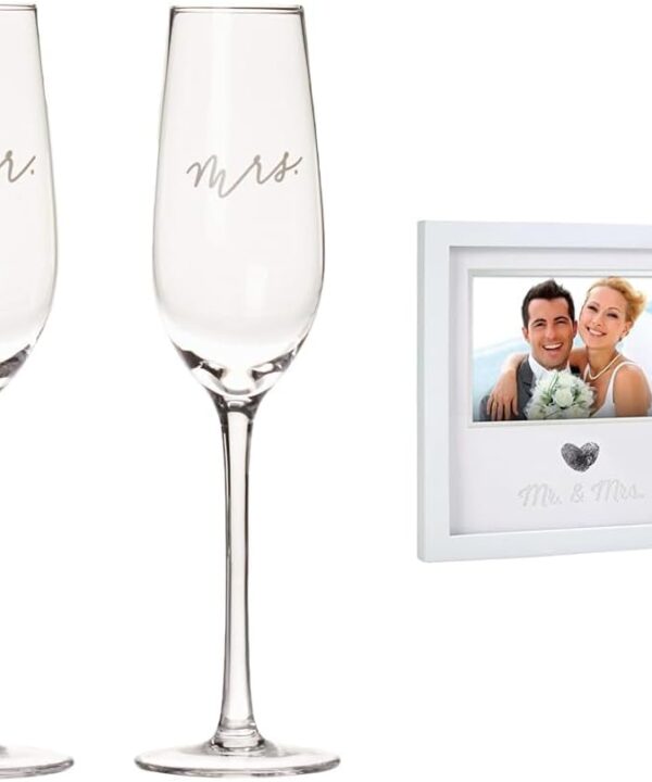 Bundle of Pearhead Mr. & Mrs. Champagne Flute Set + Pearhead Heart Thumbprint Photo Frame and Ink Kit