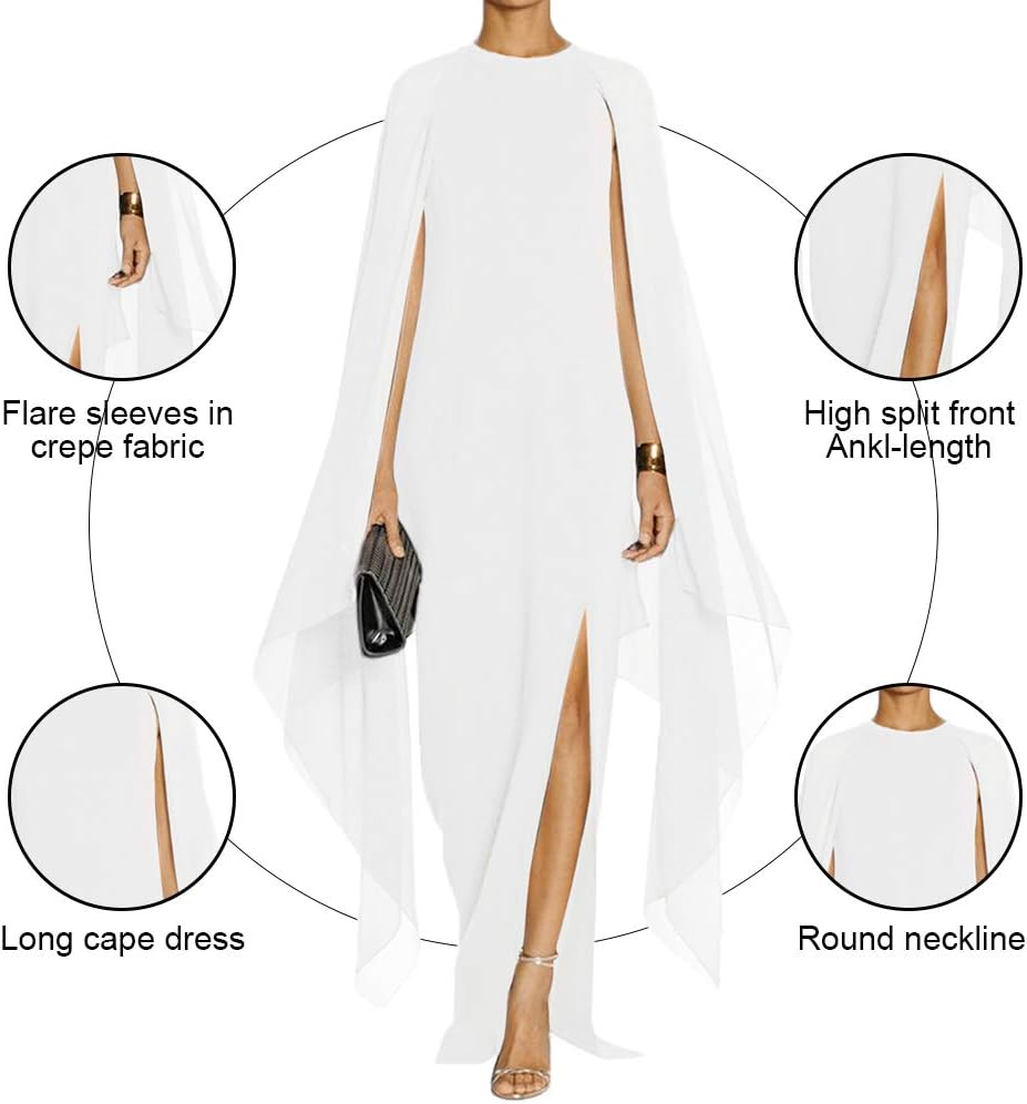 MAYFASEY Women’s Elegant High Split Flare Sleeve Formal Evening Gowns Maxi Dress with Cape