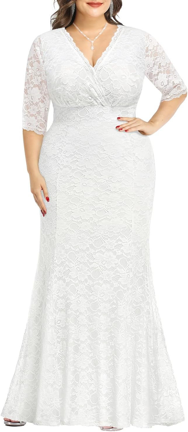 Wedding Dresses for Bride Plus Size - Mermaid Formal Evening Gown Wrap Neck Lace Dress