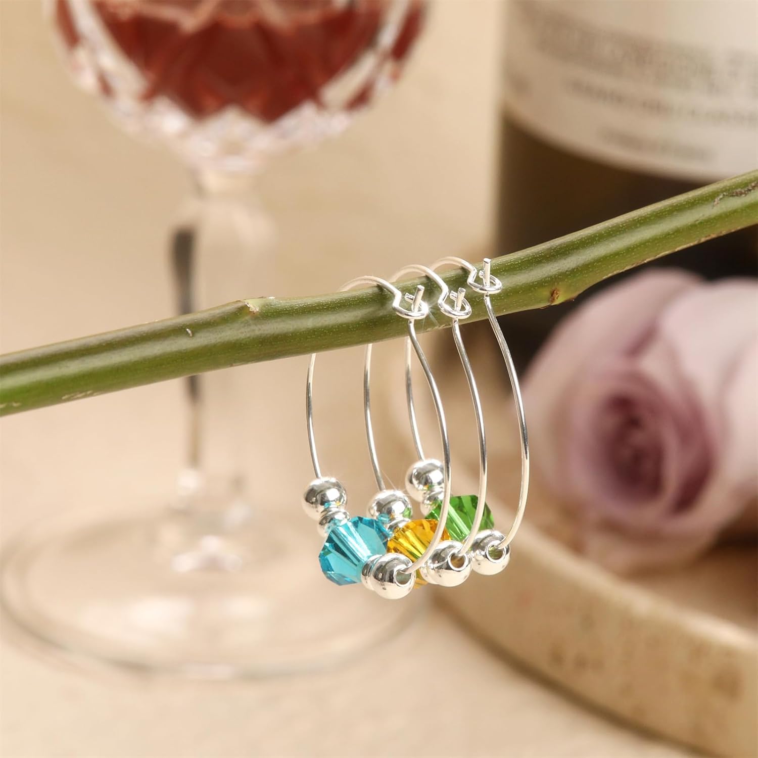 Pride & Par 12Pcs Gold/Silver Plating Ring with Gem Charms for Glasses – Wine Glass Markers for Weddings & Parties