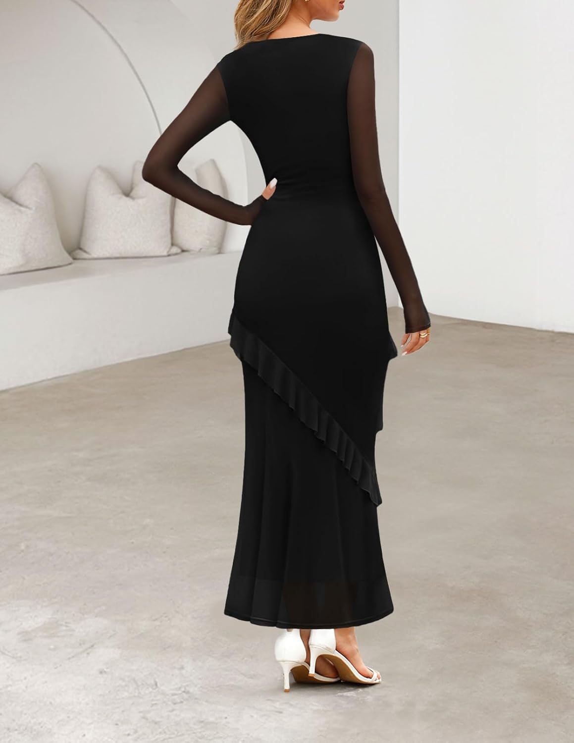 MEROKEETY Womens Fall Floral Long Sleeve Maxi Dress 2025 Cowl Neck Wedding Guest Ruffle Mesh Cocktail Bodycon Formal Dresses