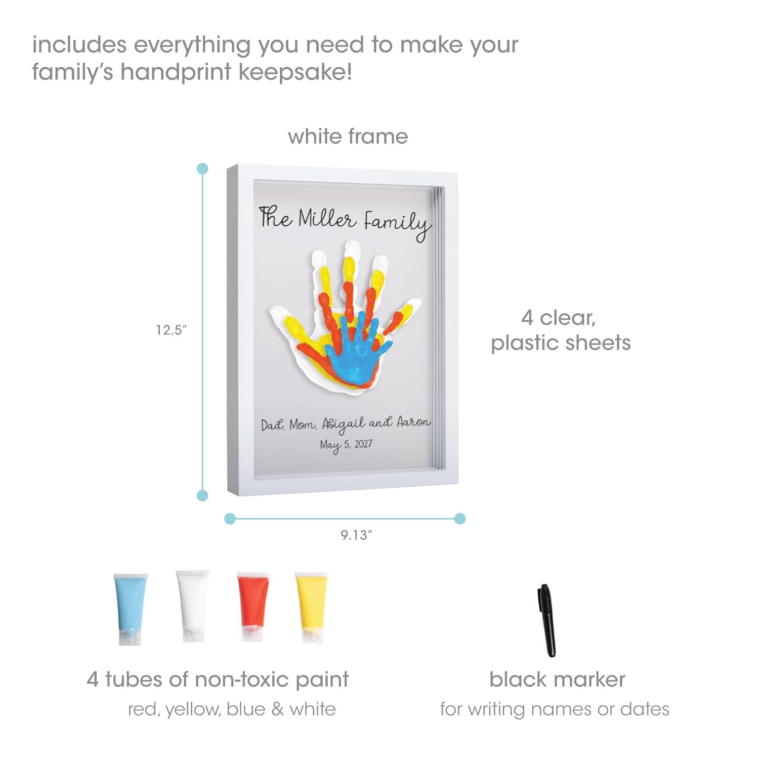 Pearhead Clear Family Handprint Frame, DIY Art Print Keepsake, Home Decor, Gift for New and Expecting Parents, 4 Paint Colors Included