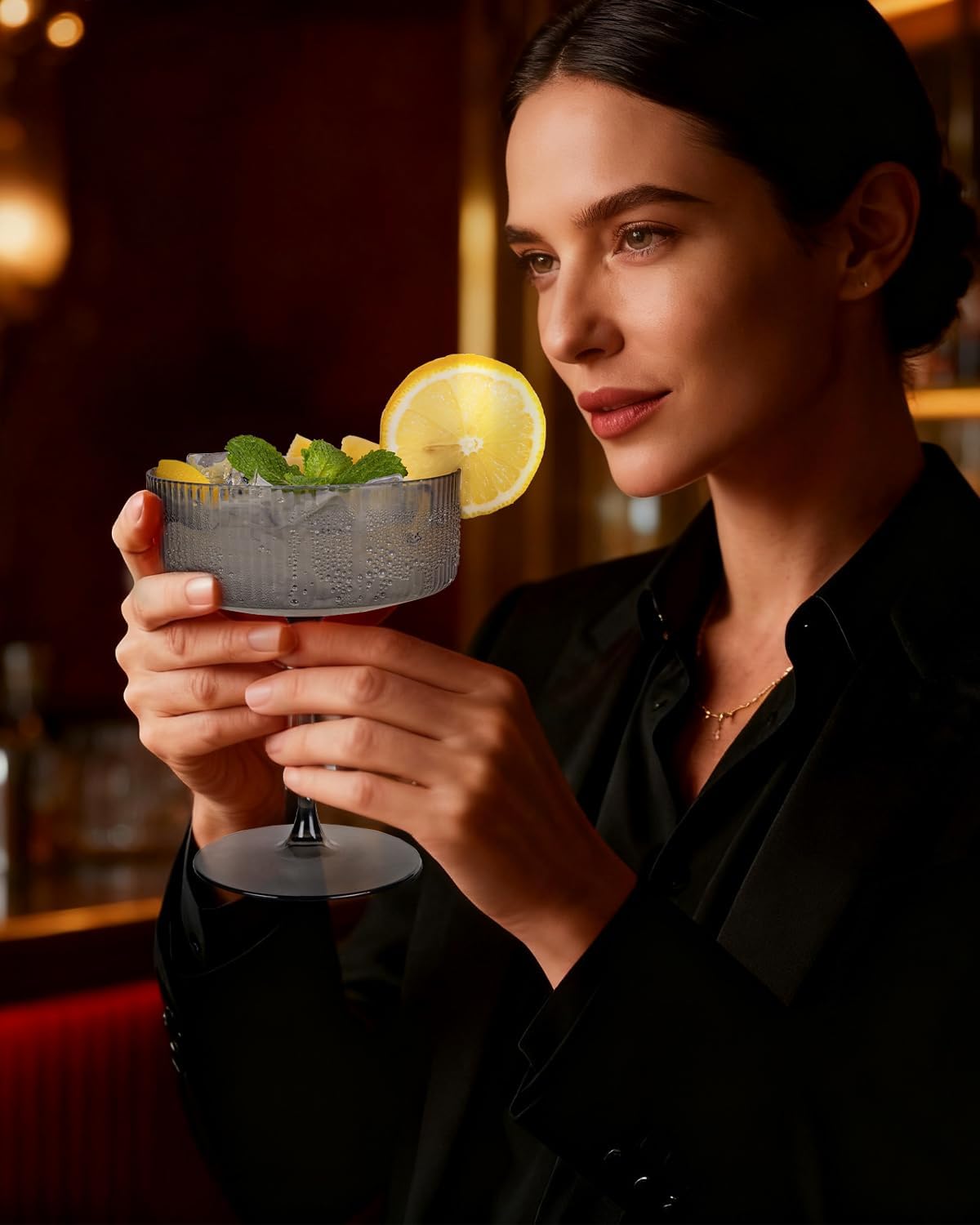 Ciaell 12PCS Plastic Ribbed Martini Glasses – 10 Oz Black Disposable Coupe Glasses with Stem – Heavy Duty Margarita Cups for Bars, Cocktails, Whiskey, Parties & Wedding & New Year