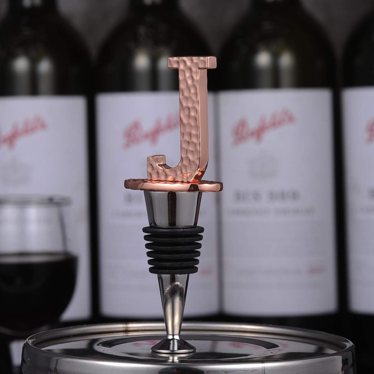 Miicol Wine Stopper, Prosecco Topper, Personalised Champagne Stopper, Rose Gold Wine Bottle Accessories, Wine Lovers Gift, Monogram Gift, Letter J