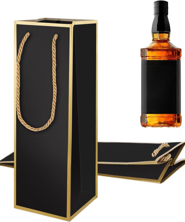 4"X4"X11" Wine Gift Bags 2 PCS Luxury Wine Bottle Gift Bags, Reusable Liquor Bag with Gold Foil Print, Gold Foil Black Wines Bag for Party Wedding Party Whiskey Spirits Bagwith Handle, Small Bottle