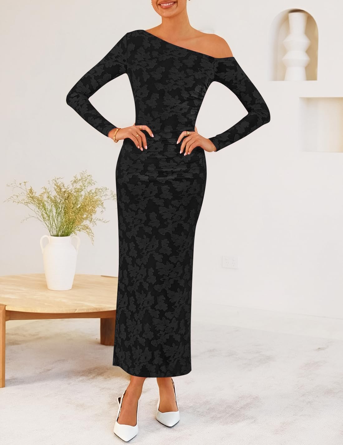 ZESICA Women’s Fall Floral Off Shoulder Bodycon Maxi Dresses 2025 Long Sleeve Ruched Elegant Cocktail Party Dress