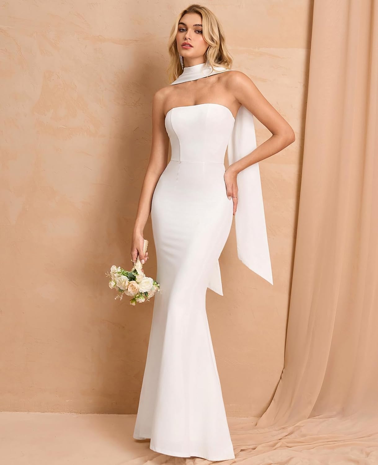 GLNEGE Womens Bodycon Formal Wedding Guest Maxi Dresses with Scarf Summer Strapless Elegant Cocktail Party Dress 2025