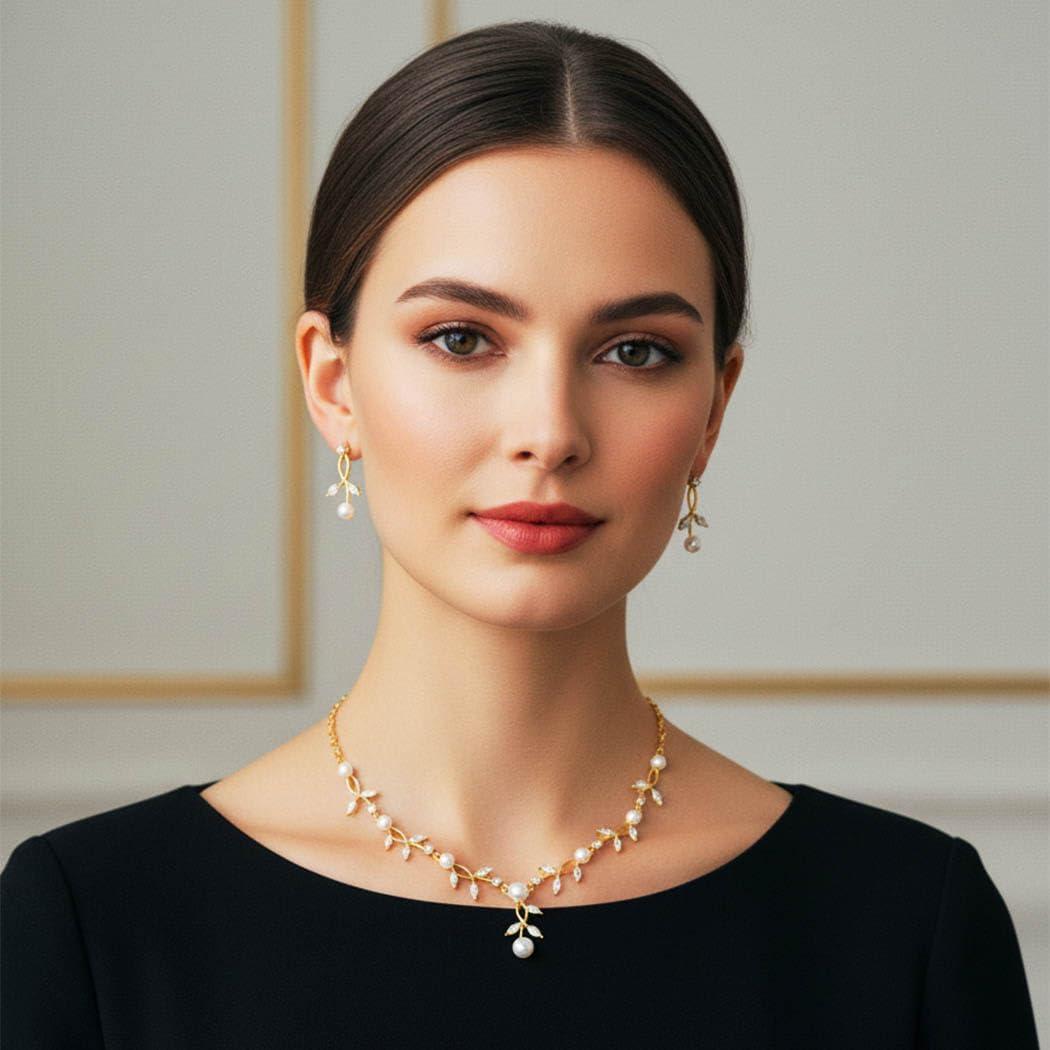 Unicra Gold Pearl Necklace Earrings Sets Rhinestone Bridal Wedding Jewelry Set Formal Prom Costume Jewelry Sets for Women and Brides