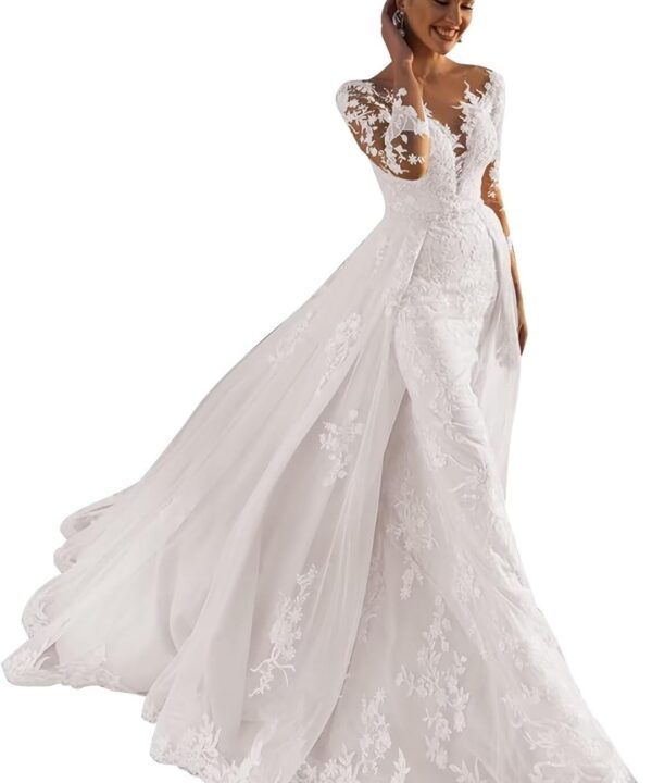 Long Sleeve Lace Beach Tulle Wedding Dress for Bride Mermaid Boho Wedding Dress with Detachable Train