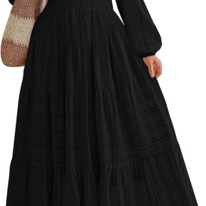 BTFBM Fall Dresses for Women 2025 Casual Long Sleeve V Neck Elastic Waist Lightweight Maxi Wedding Guest Dress Pockets