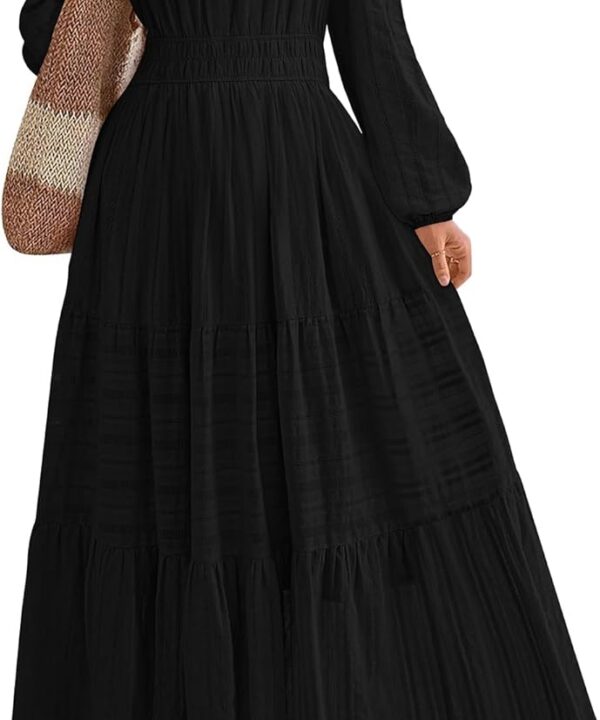 BTFBM Fall Dresses for Women 2025 Casual Long Sleeve V Neck Elastic Waist Lightweight Maxi Wedding Guest Dress Pockets