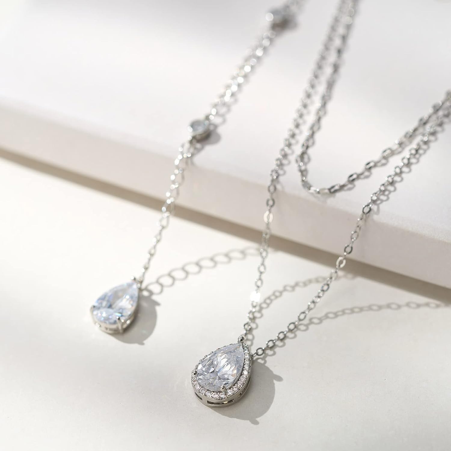 SWEETV Teardrop Wedding Back Necklace for Bride Bridesmaids, Cubic Zirconia Simple Back Pendant Bridal Necklace for Wedding Party