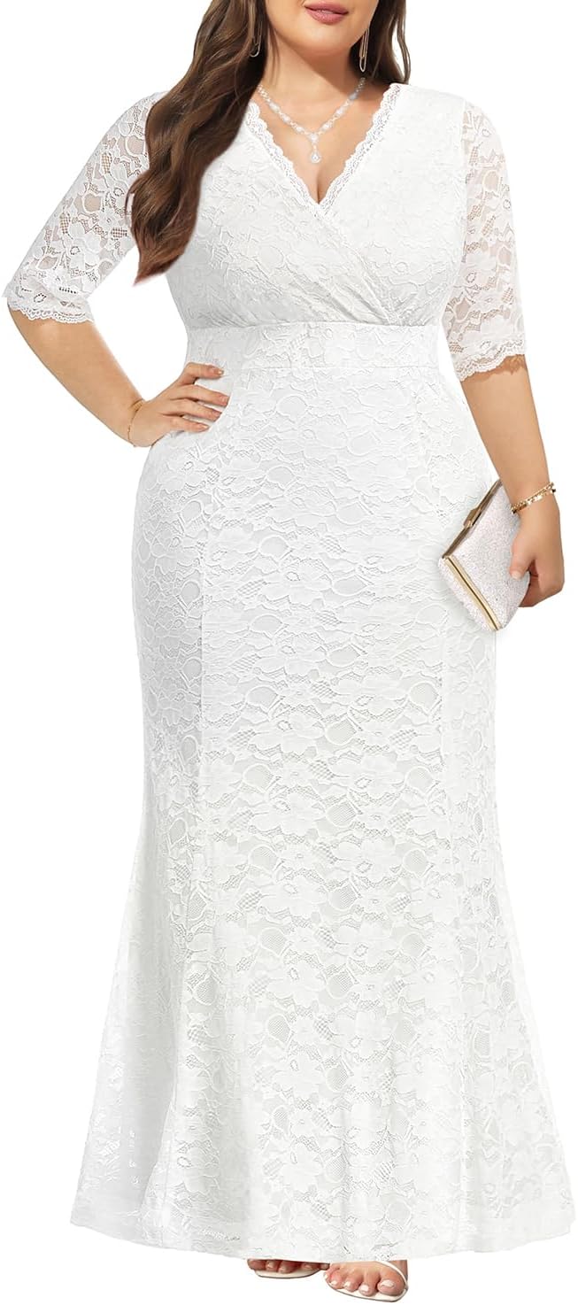 Wedding Dresses for Bride Plus Size – Mermaid Formal Evening Gown Wrap Neck Lace Dress